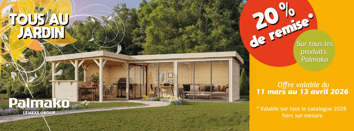 Visuel promotionnel Palmako montrant un abri de jardin moderne en bois dans un jardin verdoyant, annonçant 20 % de remise du 11 mars au 13 avril
